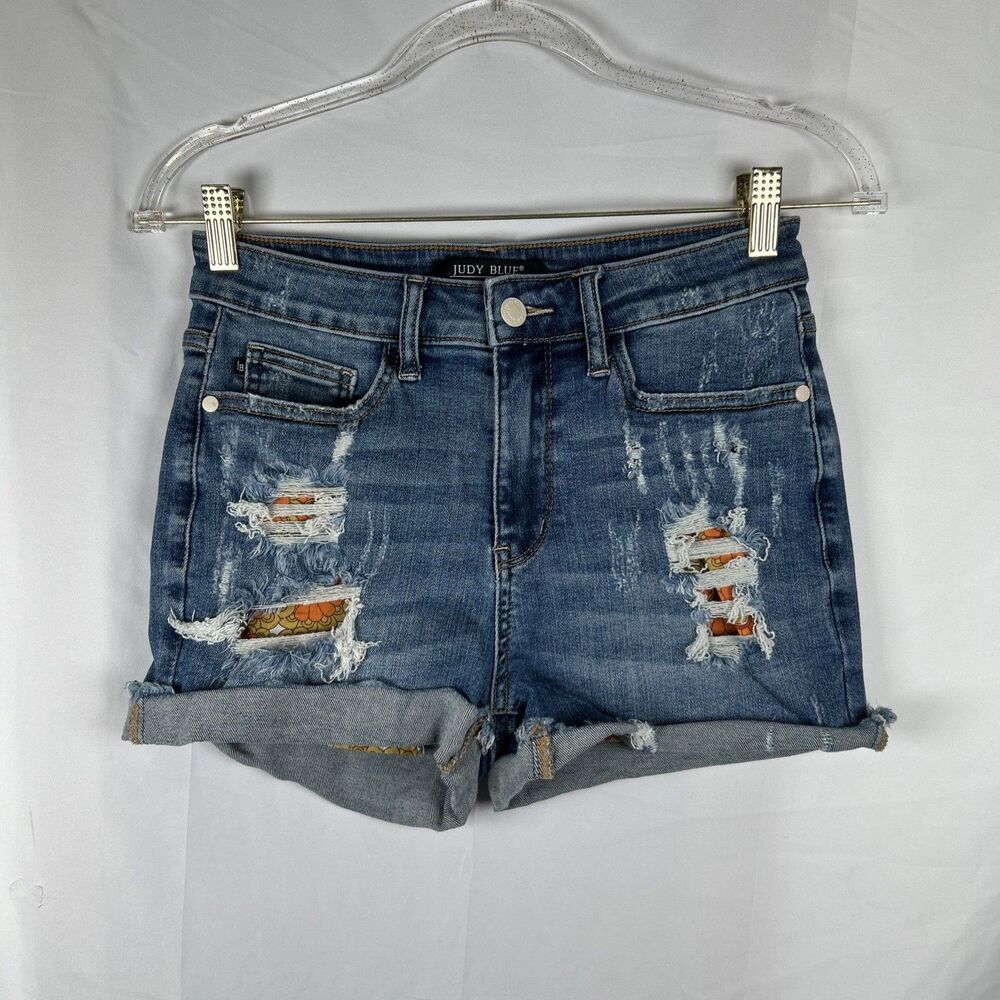 Judy Blue Womens Floral Print Pocket Lining Distressed Denim Shorts Small Orange